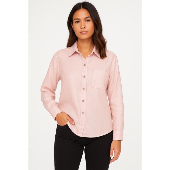 Coral Bay Metallic Light Pink Button Down Shirt Petite L Roll Tab Sleeve Casual - Picture 1 of 7